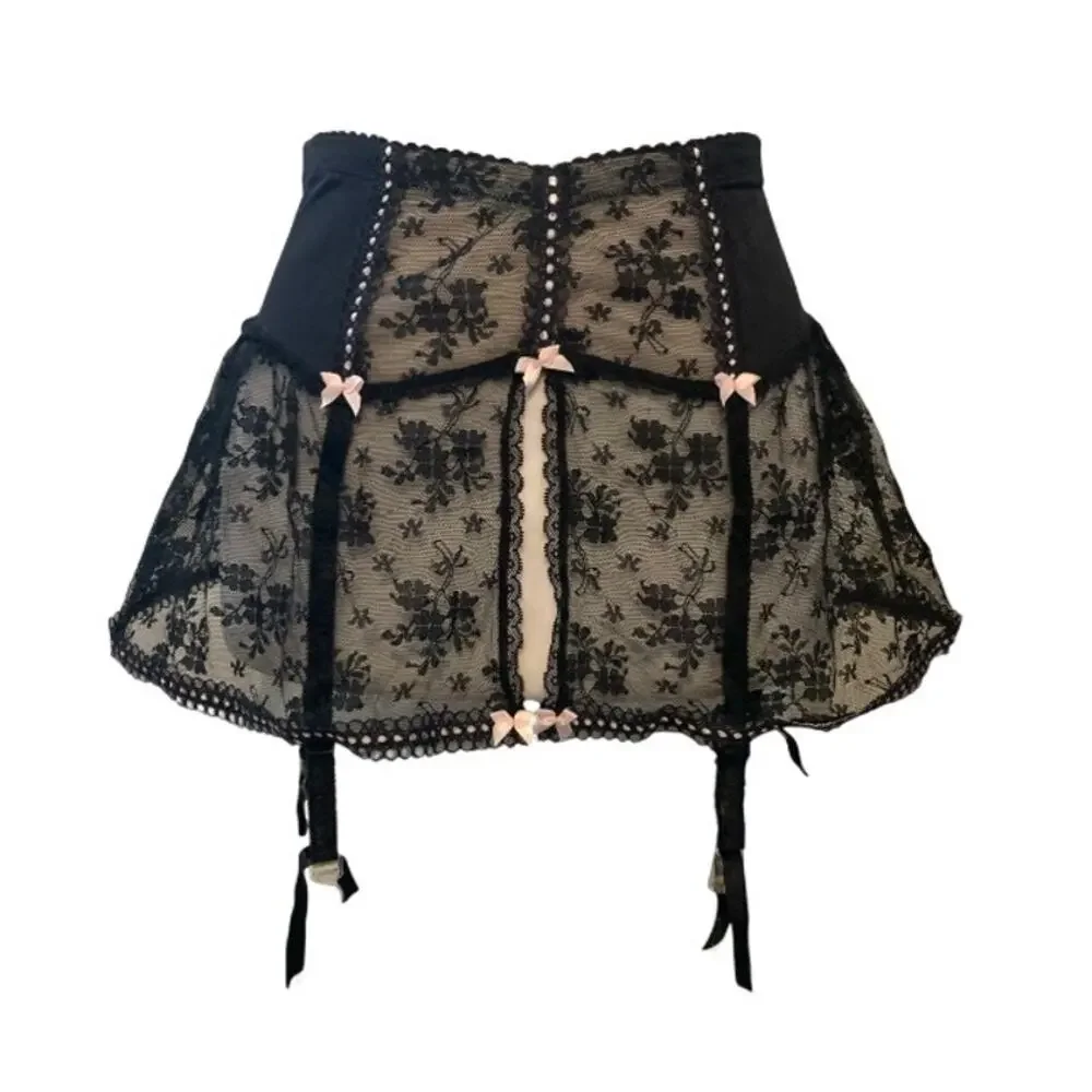 Victoria’s Secret Lace Garter Skirt Black Sheer Coquette Medium